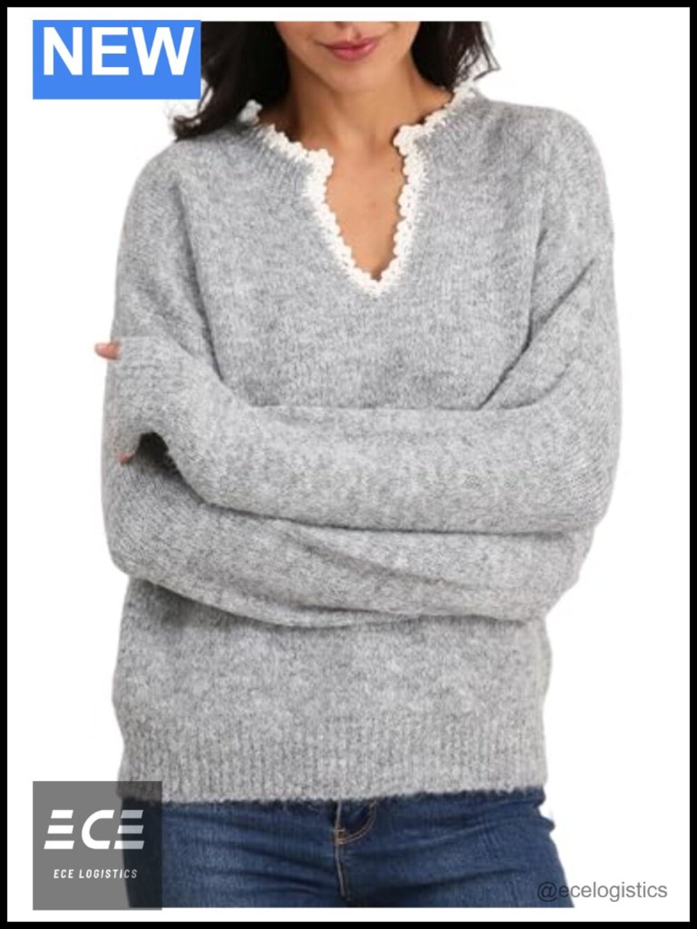 Women's V-Neck Sweater Lace Trim Soft Knit Long Sleeve Pullover